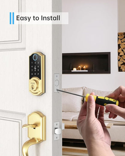 SMONET Smart Lock Keyless Entry Door Lock,Brass Fingerprint Smart Deadbolt with App Remote Control,Electric Bluetooth Digital Door Locks for Front Door,Easy to Install,Gold