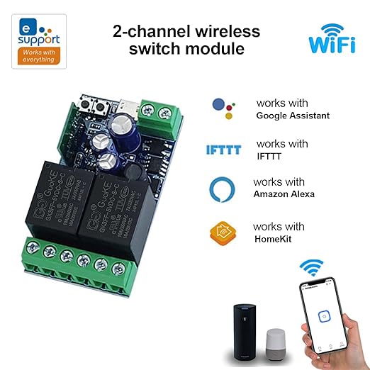 2 Channels WiFi Smart Switch, DC 5V 12V 24V 36V Passive Output Relay Module Ewelink APP WiFi Control Compatible with Alexa/Google Home