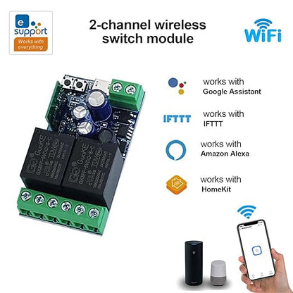 2 Channels WiFi Smart Switch, DC 5V 12V 24V 36V Passive Output Relay Module Ewelink APP WiFi Control Compatible with Alexa/Google Home