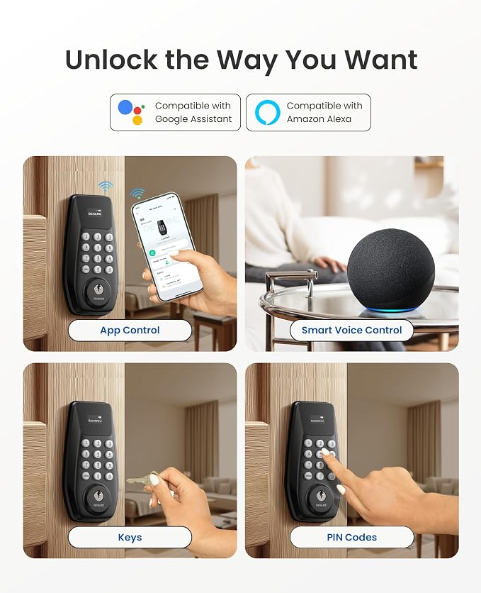 DESLOC C100 Plus Smart Lock with keypad, Built-in WiFi, Visual Display | Keyless Entry Deadbolt with App Control, 100 PIN Codes, IP54 Waterproof, For home & Rental Use, BHMA Grade 3, Black