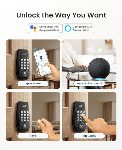 DESLOC C100 Plus Smart Lock with keypad, Built-in WiFi, Visual Display | Keyless Entry Deadbolt with App Control, 100 PIN Codes, IP54 Waterproof, For home & Rental Use, BHMA Grade 3, Black