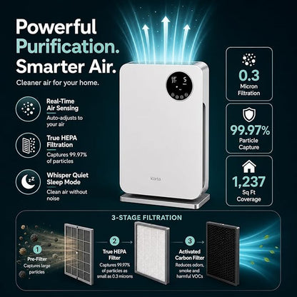 Air Purifier for Home - Smart WiFi App - Ultra Quiet 20 dB - Removes Allergens, Smoke & Odors - 99.97% Particle Filtration - Up to 1237 ft² - Klarta Forste Wood Black