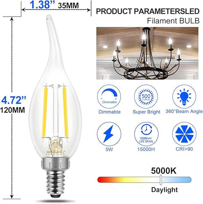 Energetic 12 Pack 60 Watt Dimmable LED Chandelier Light Bulb, 500lm, 5000K Daylight CA11 Filament LED Candle Light Bulb, E12 Base, CRI 90+