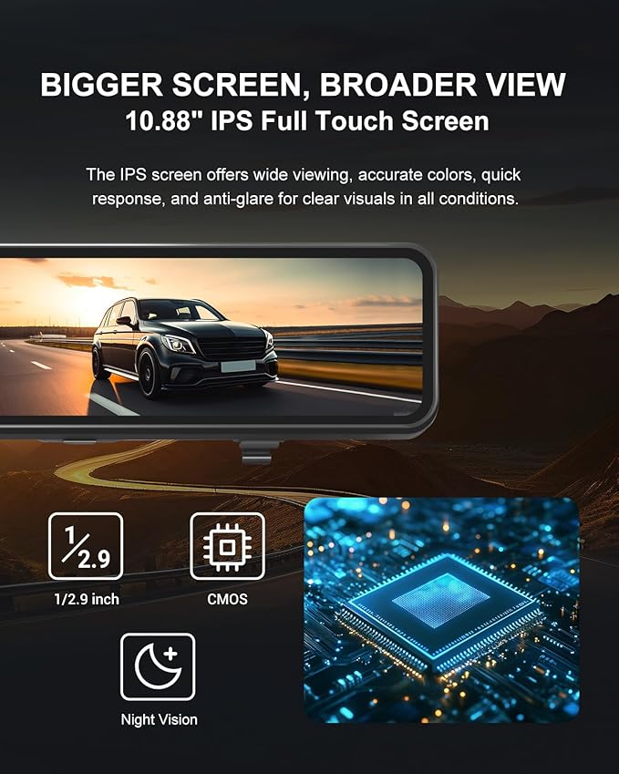 4K Mirror Dash Cam, 11" Rear View Mirror Dash Camera Front and Rear with Touch Screen,Backup Camera for Car RV Truck, Night Vision, Free 64GB Card, WDR, G-Sensor and Parking Assistance