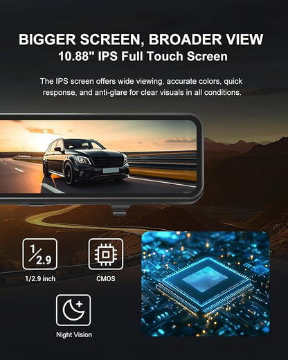 4K Mirror Dash Cam, 11" Rear View Mirror Dash Camera Front and Rear with Touch Screen,Backup Camera for Car RV Truck, Night Vision, Free 64GB Card, WDR, G-Sensor and Parking Assistance