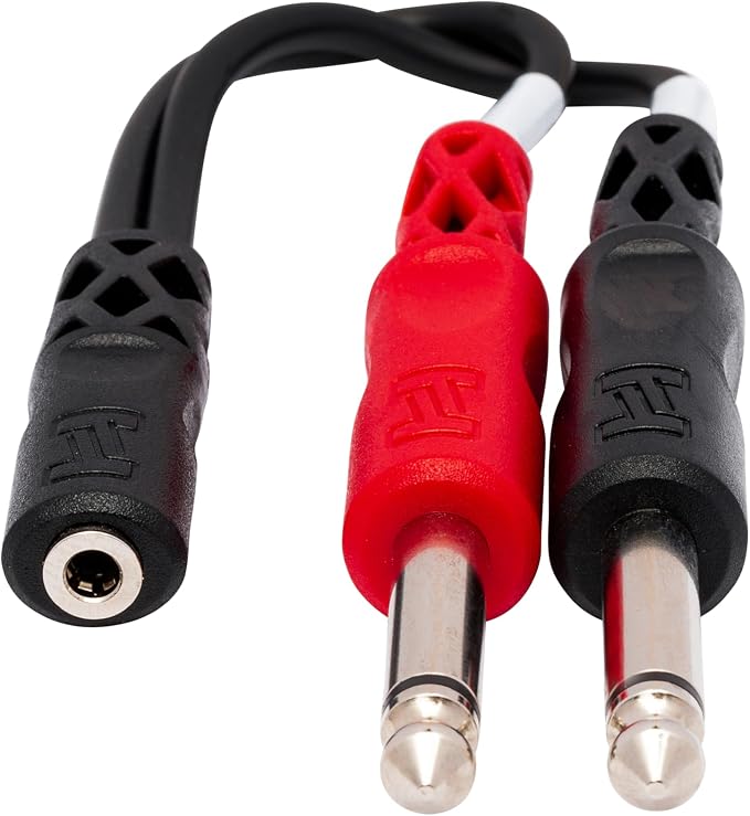 Hosa YMP-434 3.5 mm TRSF to Dual 1/4 Inch TS Stereo Breakout Cable | Audio signal routing and splitting with 6-inch length, 3.5mm female socket and dual 1/4-inch male plugs