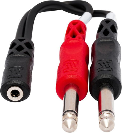 Hosa YMP-434 3.5 mm TRSF to Dual 1/4 Inch TS Stereo Breakout Cable | Audio signal routing and splitting with 6-inch length, 3.5mm female socket and dual 1/4-inch male plugs