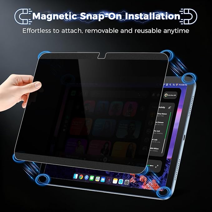 4-Way Magnetic Privacy Screen for iPad 11th Generation (A16) 2025/ 10th Gen 2022, Removable 360° Private Filter for iPad A16, Anti Glare Bubble-Free Easy Install Security Protector, 1 Pack