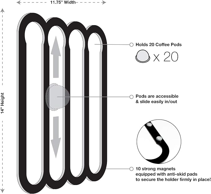 Demi's Home Magnetic Coffee Pod Holder for Nespresso Vertuo Capsules - Suitable to be Mounted on the Fridge (Black)