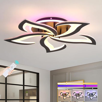 Modern LED Ceiling Light 50W, Dimmable 5-Petal Flush Mount, Black | 23.6" Flower Ceiling Light with Remote, 3000LM, 3000K-6000K, Modern Light Fixture for Bedroom Living Room Dining Room