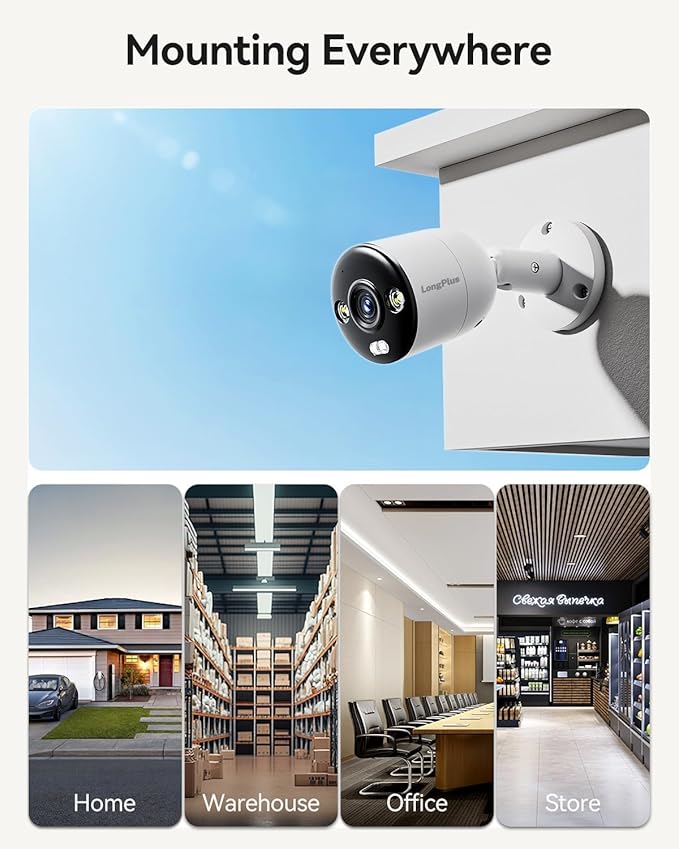 LongPlus 4K-UHD 8MP Poe Security Camera, Work with NVR, Wired Dome Camera, Color Night Vision, LED Spotlights, Red-Blue Alarm Lights, 132° FOV, Two-Way Audio, AI Motion Detection