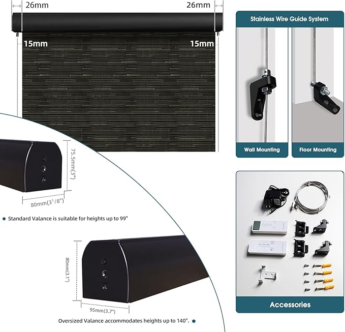 Motorized Outdoor Roller Shades,Patio Roll Up Blind Work with Alexa,Google,Apple Homekit,Remote Control Sun Shade,Waterproof &Windproof Smart Blinds for Porch,Sirus Black Gold, 5% Openness