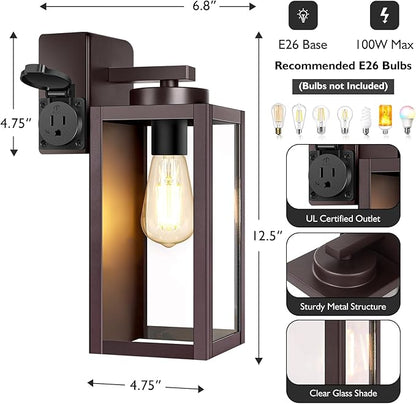 BesLowe 2-Pack Porch Lights with UL Certified Outlet, Modern Outdoor Wall Lights Exterior Lighting Fixtures Waterproof, Exterior Wall Sconces Outside Lights for House Front Door Garage, Brown
