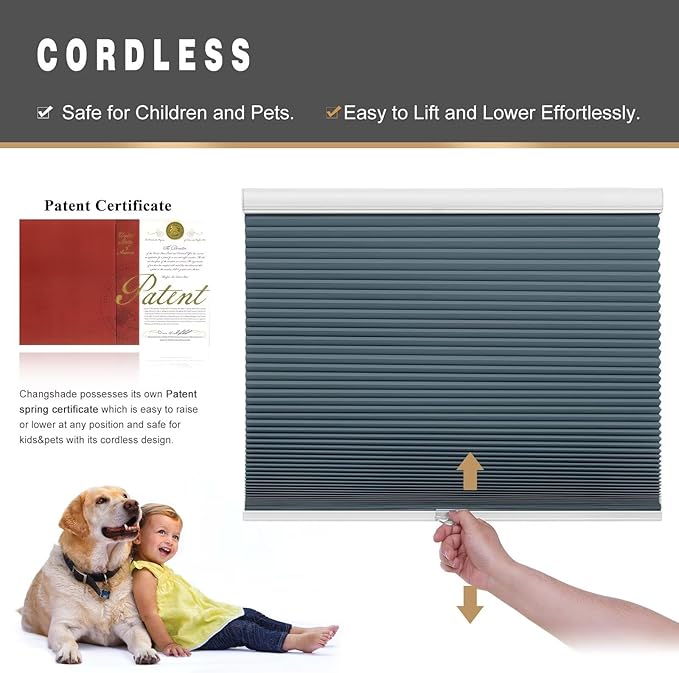 Changshade Cellular Shades Blackout Cordless Custom Size, Honeycomb Indoor Window Blinds Room Darkening 1.5 inch Cell Pleated Easy to Install for Home, Office, Bedroom, Nursey,Dark Blue