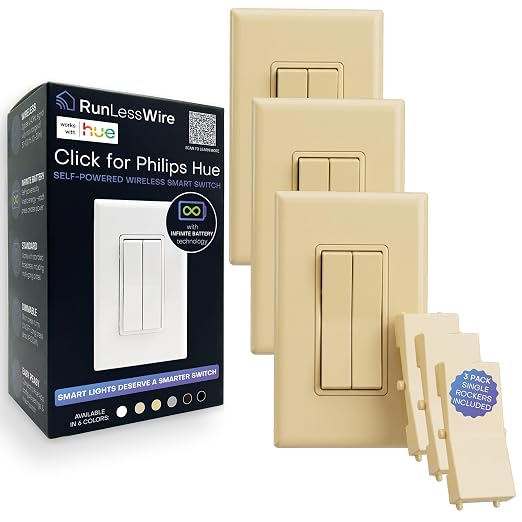 RunLessWire Click for Hue Battery-Free Wireless Smart Switch 3 Pack Ivory | Dimmable Kinetic Switch Pairs Natively to Philips Hue Bridge, 4 Programmable Buttons to Control Scenes & Areas, 100ft Range