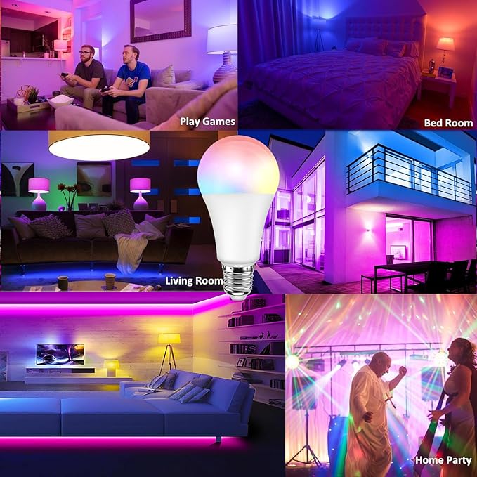Color Changing Light Bulb with Remote, RGB Light Bulbs 9W A19 6500K White E27/E26, Memory,16 Color Choices Multicolor Dimmable LED Light Bulb 40W Equivalent for Party Bedroom Home - 4 Pack