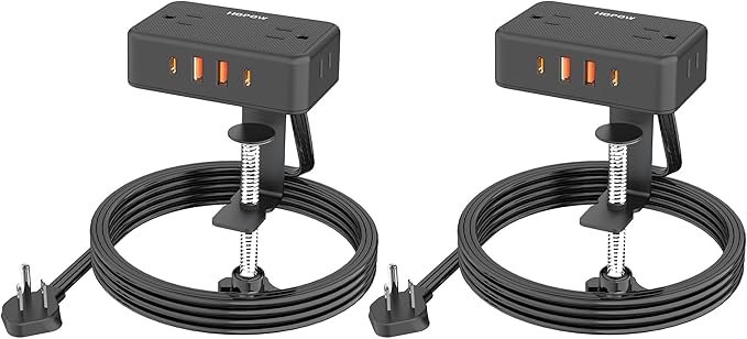HOPOW Desk Clamp Power Strip, 2 Pack Desktop Mount Charging Station with 4 Outlets 4 USB Ports (2 USB C), 10Ft Under Desk Power Strip, Fits 2.75" Tabletop Edge, Extension Cord for Home Office, Black