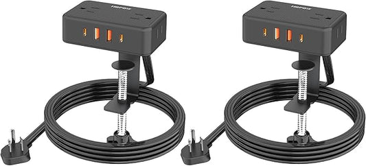 HOPOW Desk Clamp Power Strip, 2 Pack Desktop Mount Charging Station with 4 Outlets 4 USB Ports (2 USB C), 10Ft Under Desk Power Strip, Fits 2.75" Tabletop Edge, Extension Cord for Home Office, Black