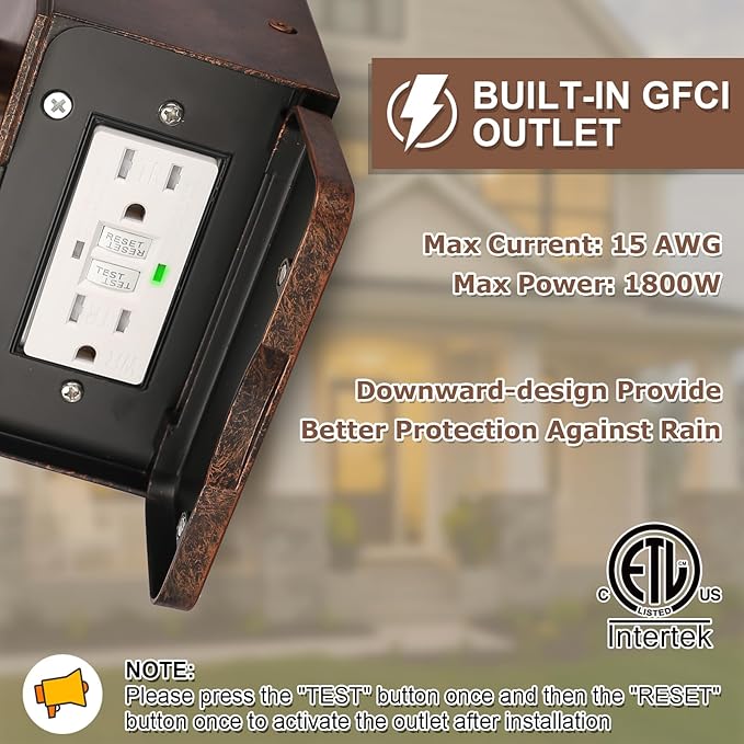 Porch Light with GFCI Outlet, Dusk to Dawn Outdoor Lighting with Aluminum Frame and Clear Glass Shade, Waterproof Wall Sconce Outside Lights for House Garage Front Door, Bulb Included(Antique Bronze)