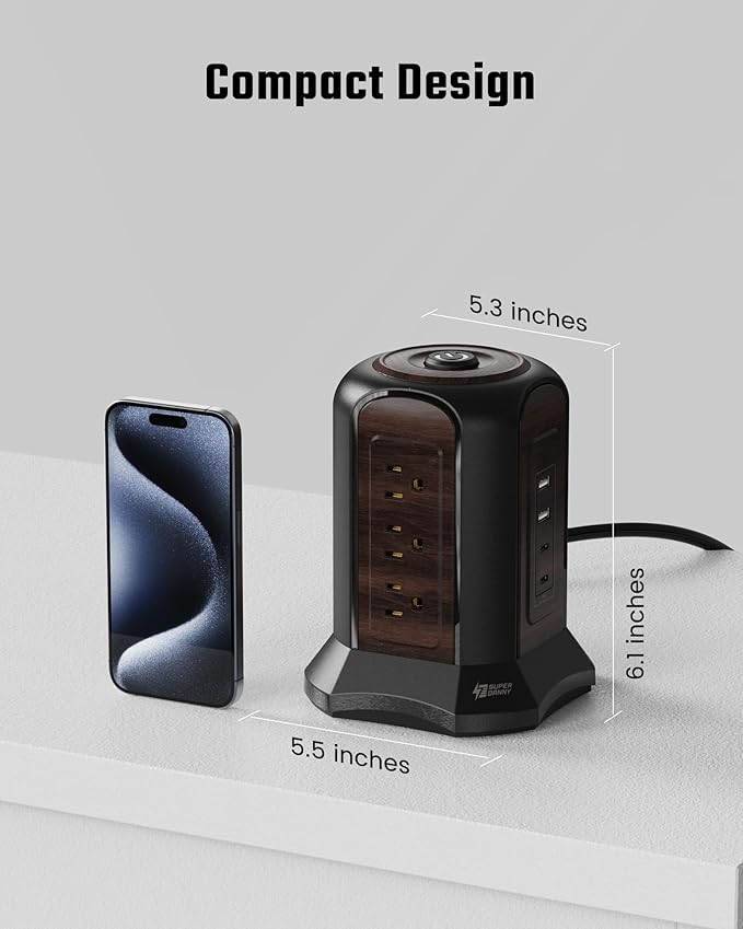 SUPERDANNY Power Strip Tower Surge Protector, 10 Ft Extension Cord with Multiple Outlets, 9 Outlets, 4 USB Ports (2 USB C), 1080 Joules, 3-Prong, Grounded, Desktop Charging Station for Home, Office