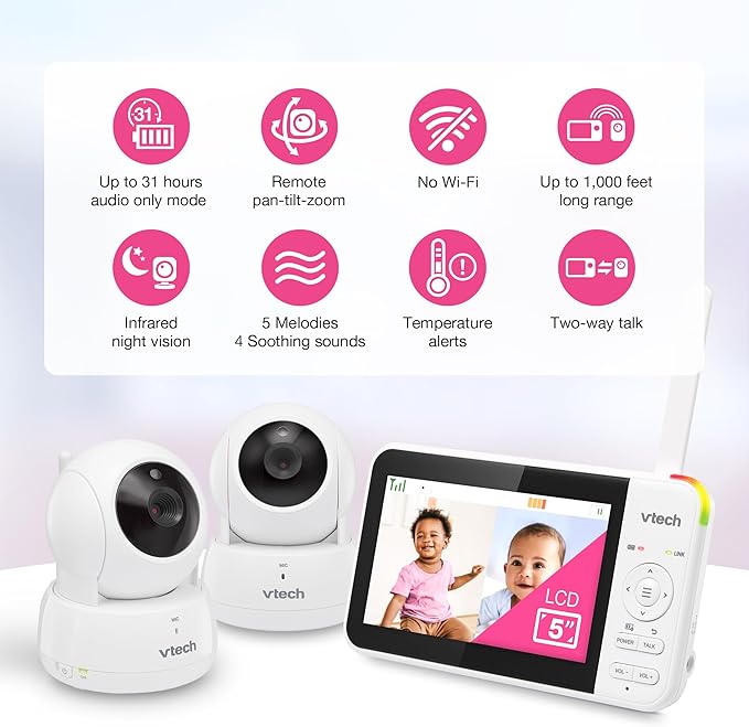 VTech VM924-2 5" Pan Tilt Zoom Video Baby Monitor with 2 Cameras – No WiFi, 17Hr Battery, 1000ft Range, Night Vision, Lullabies & Temperature Sensor – Ideal for New Parents & Twins