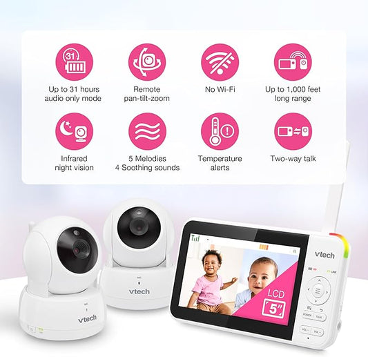 VTech VM924-2 5" Pan Tilt Zoom Video Baby Monitor with 2 Cameras – No WiFi, 17Hr Battery, 1000ft Range, Night Vision, Lullabies & Temperature Sensor – Ideal for New Parents & Twins