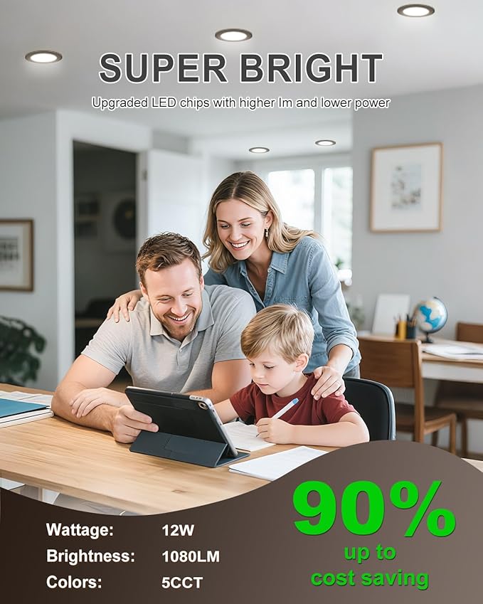 zouzai 1 Pack 6 Inch Black 5CCT Reset Ultra-Thin LED Recessed Ceiling Light with Junction Box, 2700K/3000K/3500K/4000K/5000K Selectable,12W,Dimmable- ETL and Energy Star Certified