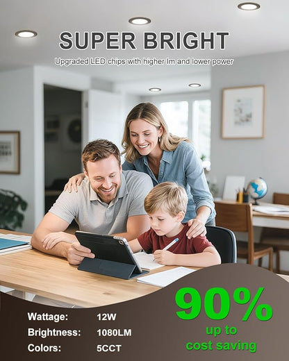 zouzai 6 Inch Black 5CCT Ultra-Thin LED Recessed Ceiling Light with Junction Box 2700K/3000K/3500K/4000K/5000K Selectable, 12W Dimmable, led can Lights ETL and Energy Star Certified【6 Pack 】