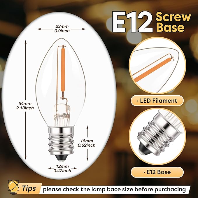 C7 LED E12 Candelabra Bulbs 0.5W (5 6 7W Equivalent), 2700K Warm White Clear Glass Night Light Bulb, 50 Lumens Small Edison Candle Bulbs for Chandelier, Salt Lamp, Window Candle, Appliance, 6 Pack