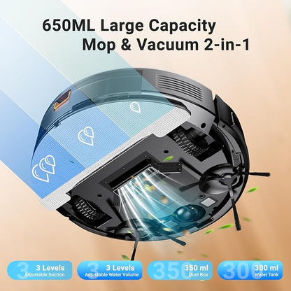 Robot Vacuum and Mop Combo, Robotic Vacuum Cleaner 5000Pa Strong Suction 130 Mins Runtime, Slim, Low Noise, Automatic Self-Charging, Wi-Fi/App/Alexa Control, Ideal for Hard Floor/Low-Pile Carpet