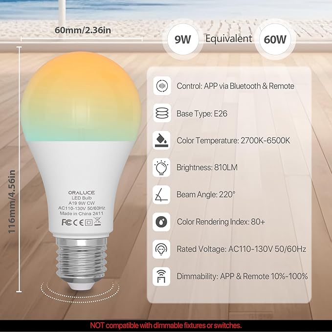 ORALUCE LED Remote Control Light Bulbs 60 Watt Equivalent, Dimmable 2700-6500K Lightbulbs E26 Base, A19 Bluetooth Smart Light Bulb for Lamp, Bedroom, 1 Pack with Remote Control