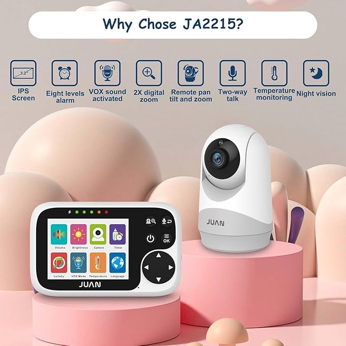 JUAN Baby Monitor with Camera and Audio, No WiFi 100% Private, 3500mAh Long Battery, 1000ft Range Connection, Remote Pan-Tilt-Zoom, Crystal Night Vision, 2-Way Talk for Newborn Infant