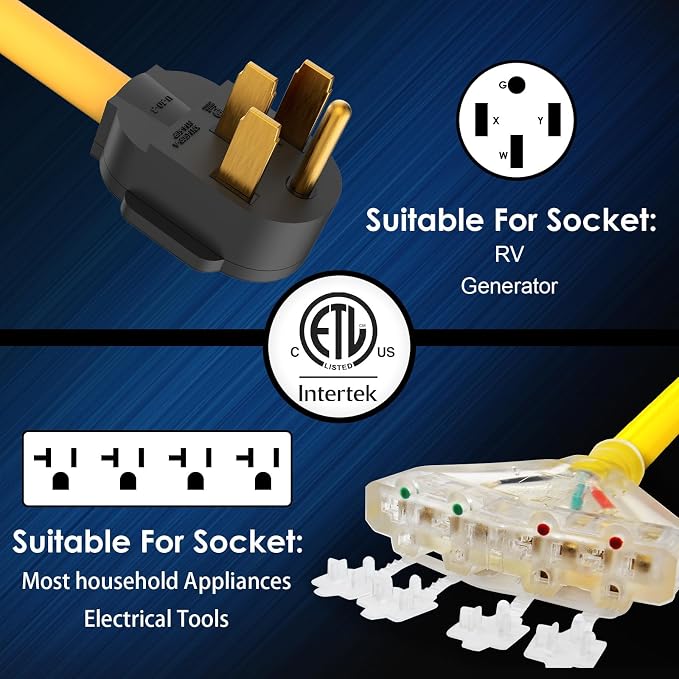 50 Amp to 110 Adapter NEMA 14-50P to 4X 5-20R Household with Dust Caps