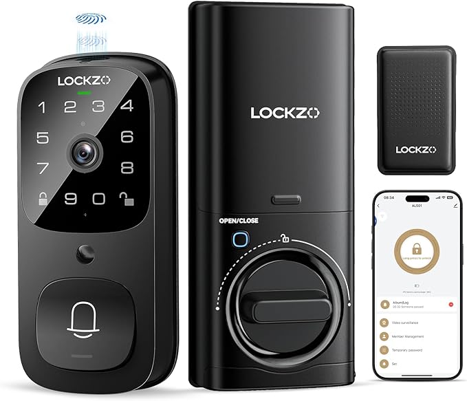 Lockzo Smart Lock with Camera, 3-in-1 WiFi Doorbell Keyless Entry Door Lock, Deadbolt Lock for Front Door, Fingerprint, Keypad Code, App Control, IP65 Waterproof, BHMA, Support Alexa&Google Assistant