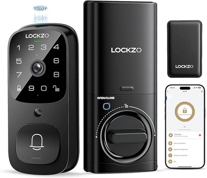 Lockzo Smart Lock with Camera, 3-in-1 WiFi Doorbell Keyless Entry Door Lock, Deadbolt Lock for Front Door, Fingerprint, Keypad Code, App Control, IP65 Waterproof, BHMA, Support Alexa&Google Assistant