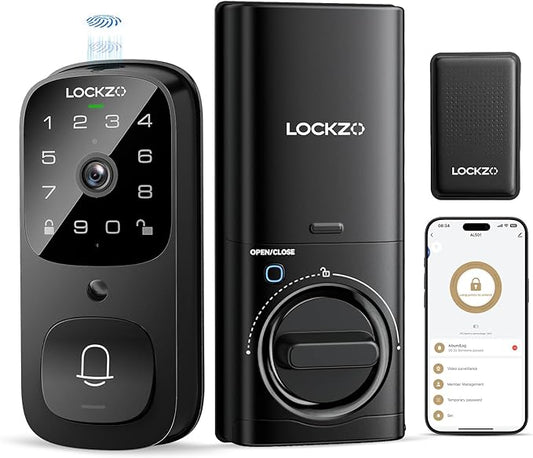 Lockzo Smart Lock with Camera, 3-in-1 WiFi Doorbell Keyless Entry Door Lock, Deadbolt Lock for Front Door, Fingerprint, Keypad Code, App Control, IP65 Waterproof, BHMA, Support Alexa&Google Assistant