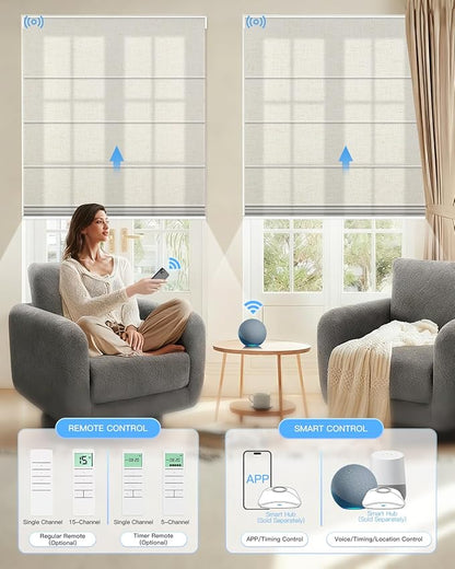 Motorized Roman Shades for Windows, Custom Light Filtering Roman Blinds with Remote, Smart Privacy Window Shades for Living Room Kitchen Office, Alexa & Google Home Compatible, App Control via RF Hub