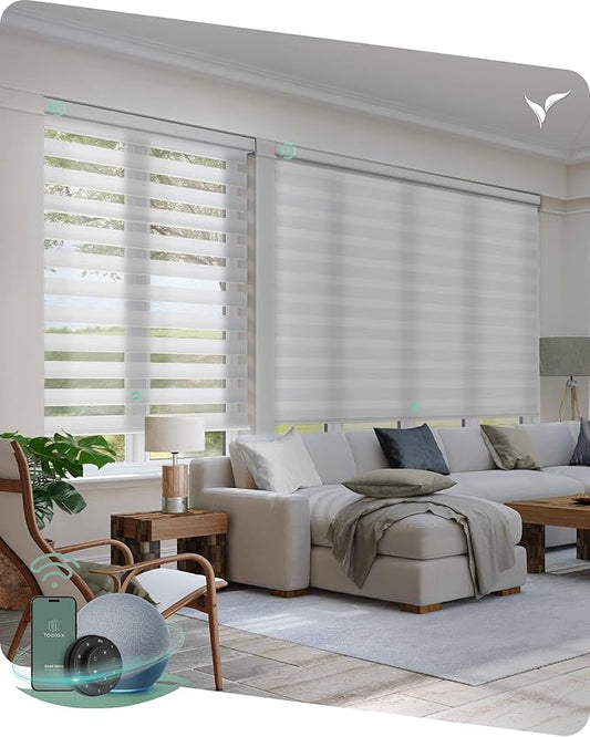 Yoolax Motorized Blinds with Remote, Motorized Zebra Blinds Compatible with Alexa, Privacy Motorized Blinds, Zebra Shades for Windows Custom Size(V-Shimmer Jacquard White)