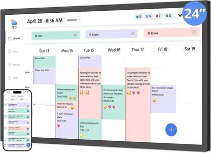 Digital Calendar 24 Inch Touch Screen, Electronic Wall Calendar Chore Chart for Family Monthly/Weekly Planner, Interactive Display Smart Calendar for Home Organization, Desk Mount Included - Black