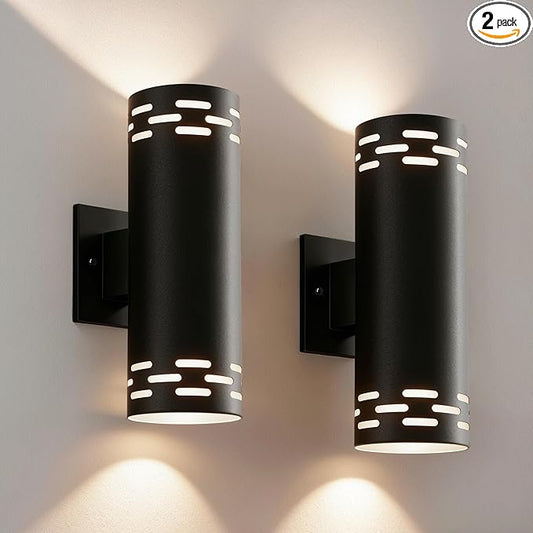 Modern Outdoor Wall Lights 2 Pack, 12'' Up and Down LED Cylinder Exterior Lighting Fixtures, 23W 3000K IP65 Waterproof Wall Sconces for House, Garage, Patio, Porch, Black