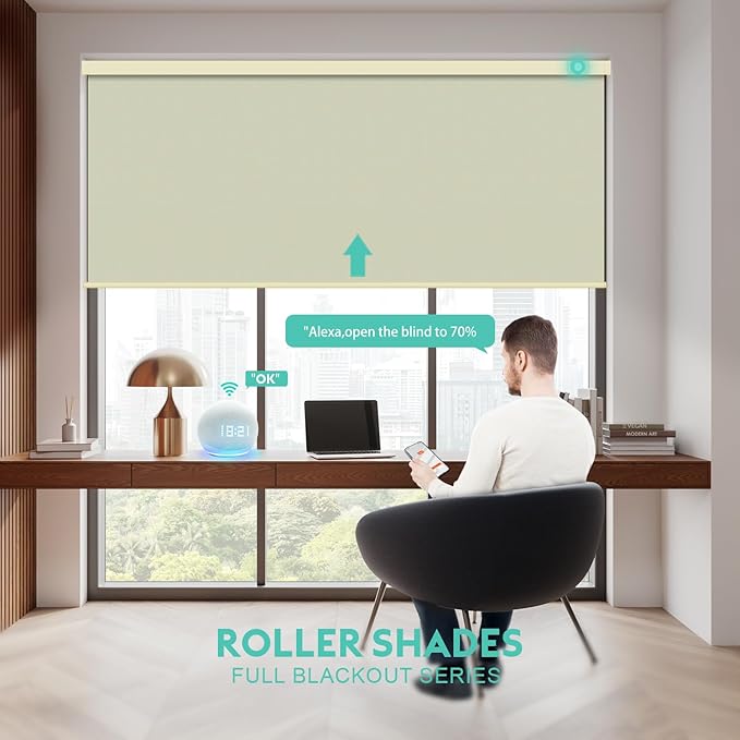 Motorized Blinds with Remote, Blackout Smart Automatic Electric Blinds for Indoor Windows, Cordless Motorized Roller Shades with Custom Size（Golden Shade）