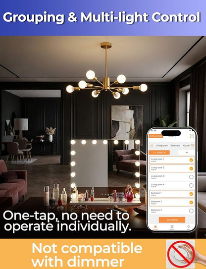ILC G25 Globe Light Bulbs, App-Controlled LED Bulb with Bluetooth Mesh, 6W, 60W Equivatlent, 600LM, CCT: 2700K-6000K, CRI>95+, E26 Base, 120V for Vanity, Pendant fixtures, Bathroom (6 Pack)