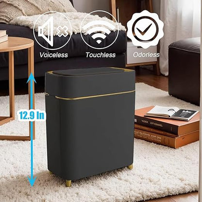 Yatmung 2-Pack - Automatic Trash Cans Touchless Motion Sensor Bathroom Trash Can - Waste Basket for Bedroom, Home Offices, Small Spaces - Compact Smart Garbage Can with Lid - Black with Gold Edge