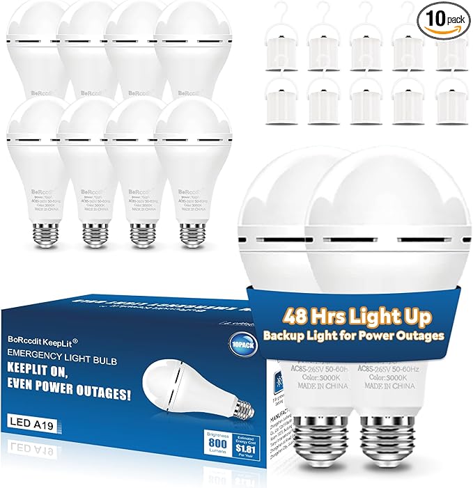 BoRccdit KeepLit 10 Pack Emergency Rechargeable Light Bulbs, 48H Long Lasting & 3 Brightness, 12W 5000K Battery Backup Emergency Light Bulbs for Home Power Outage Camping Hurricane
