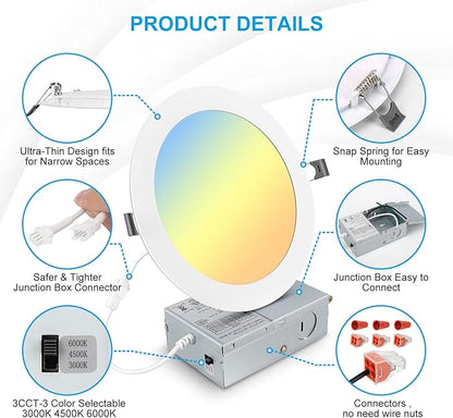 Elaruslux 7 Inch 3CCT Ultra-Thin LED Recessed Light with Junction Box, 3000K/4500K/6000K Selectable, 18W Eqv 125W, Dimmable Ceiling Lights 1600LM Brightness Canless Wafer Downlight