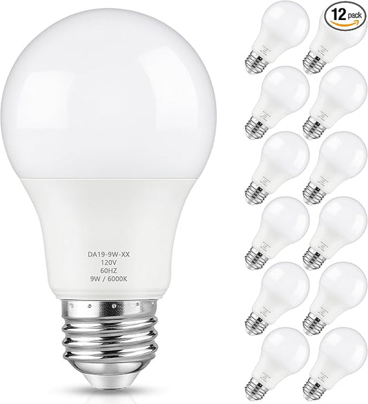 Maylaywood A19 LED Light Bulbs, 60 Watt Equivalent, Cool White 6000K, 900LM, E26 Base, Dimmable, 9W Bright White LED Bulb, 12-Pack