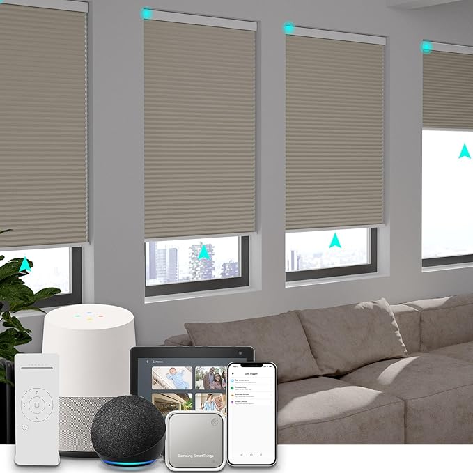Changshade Motorized Blackout Cellular Shades for Indoor Windows Smart Blinds Automatic Electric Power with Remote Control, Custom Size Honeycomb Blind Compatible with Alexa, Google Home, Beige
