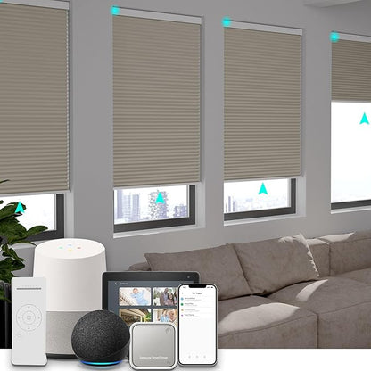 Changshade Motorized Blackout Cellular Shades for Indoor Windows Smart Blinds Automatic Electric Power with Remote Control, Custom Size Honeycomb Blind Compatible with Alexa, Google Home, Beige