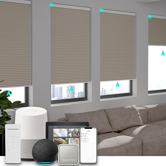 Changshade Motorized Blackout Cellular Shades for Indoor Windows Smart Blinds Automatic Electric Power with Remote Control, Custom Size Honeycomb Blind Compatible with Alexa, Google Home, Beige