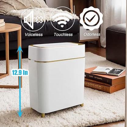Yatmung Motion Sensor Trash Can Bathroom Automatic Touchless Lid - Sensor Garbage Can - Bathroom, Bedroom, Kitchen, Laundry Room, Small Spaces - Compact Smart Trash Bin - White with Gold Edge, 1Pack